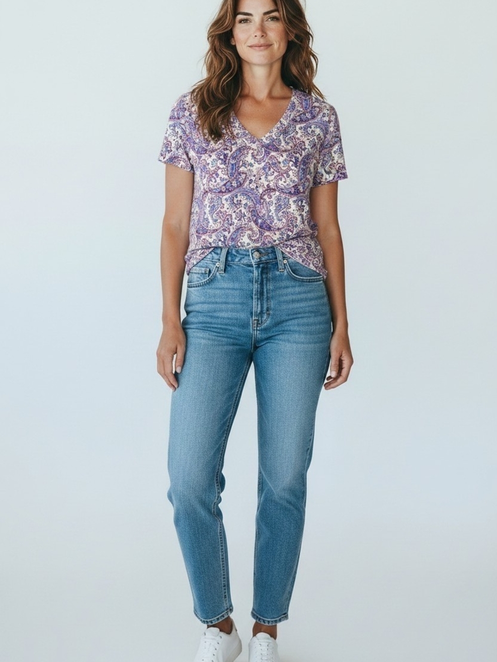 LOFT Lavender Paisley V-Neck Short Sleeve Top